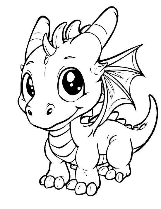 Walking baby dragon with twin horns and a folded wing showing claws on a coloring sheet