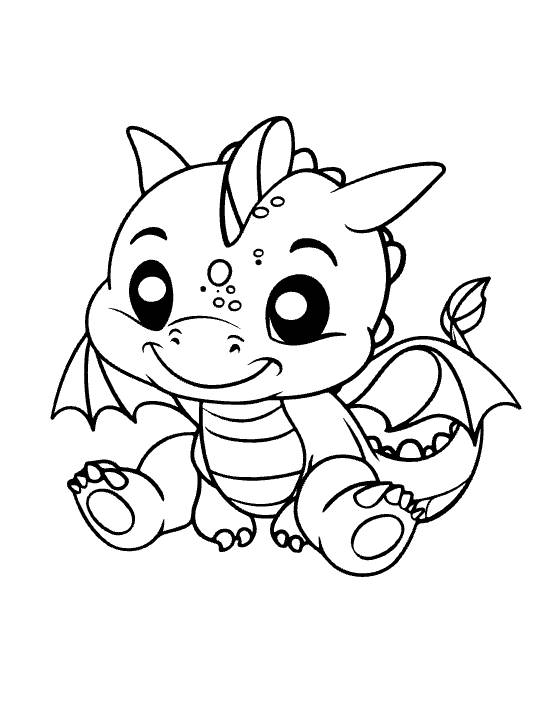Sitting baby dragon with leaf tipped tail and folded wings smiling sweetly on a coloring page