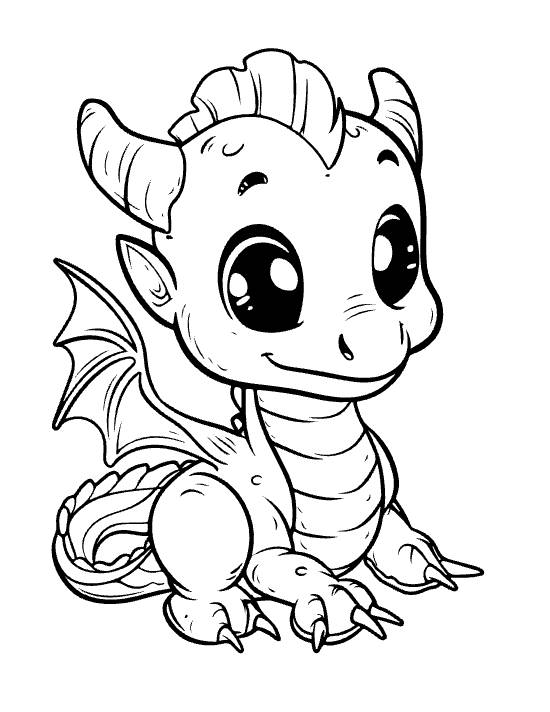 Curled baby dragon with tail tucked and claws forward looking sweet drawn bold and easy