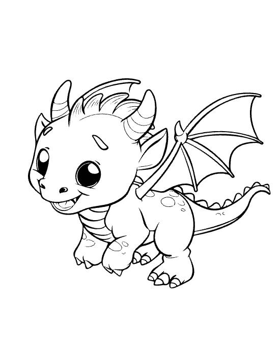 Walking baby dragon with one spread wing and spotted body grinning on a coloring page