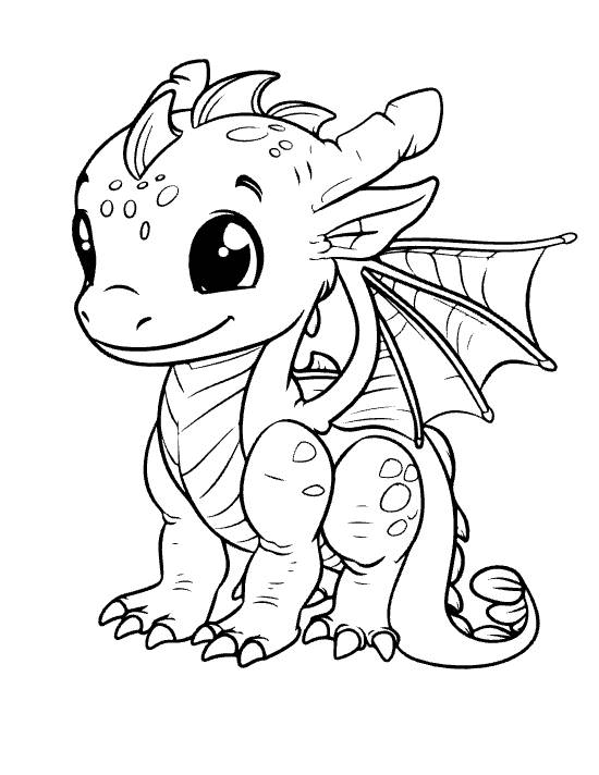 Sitting baby dragon with webbed wing and striped chest beside a curled tail on a coloring sheet