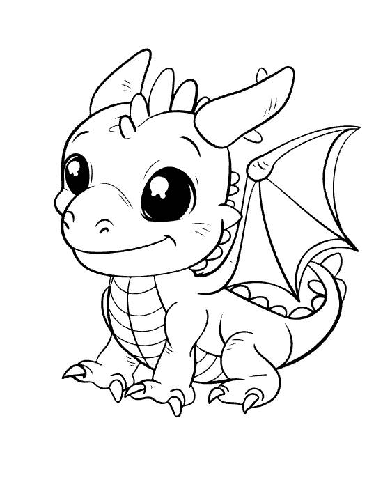 Sitting baby dragon with one spread wing and small horn smiling shyly on a coloring page