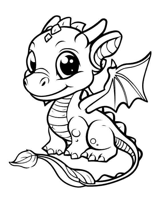 Curious baby dragon with leaf-shaped tail tip resting beside a tucked wing on a coloring sheet