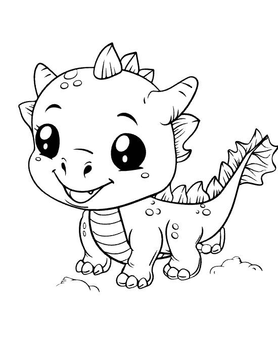 Walking baby dragon with finned tail tip stepping on a tiny cloud drawn bold and easy