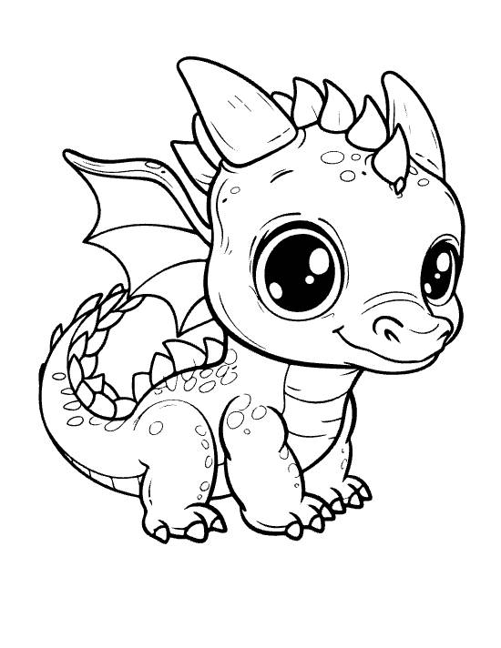Sitting baby dragon with spiky back ridges and a curled tail facing right on a coloring sheet