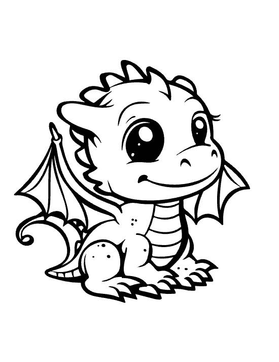 Plump baby dragon with feathered crest and small folded wings smiling on a coloring page