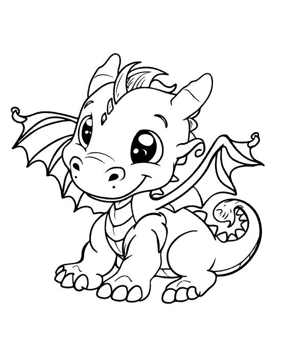 Crouching baby dragon with one spread wing and a spiral curled tail tip on a coloring page