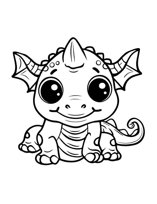 Plump baby dragon with one horn and curled tail looking forward drawn bold and easy