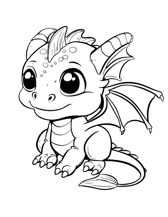 Sitting baby dragon with leaf tipped curled tail and one spread wing on a coloring sheet