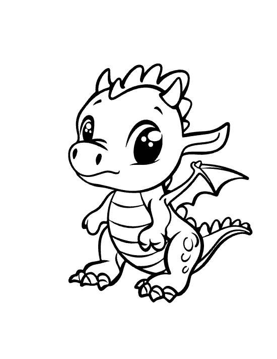 Standing small baby dragon with crest spikes and a short wing smiling on a coloring page