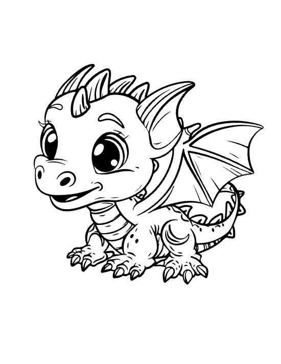 Crouching baby dragon with striped belly and one spread wing ready to leap on a coloring page