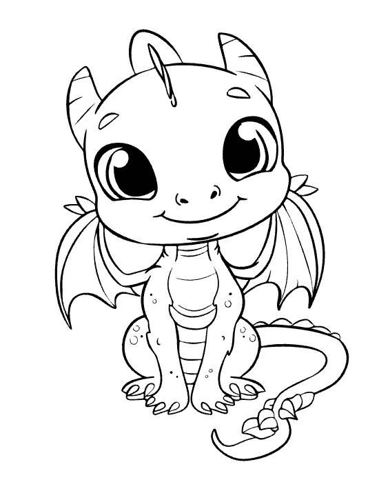 Sitting baby dragon with rounded ears and spread wings looking sweetly forward on a coloring page