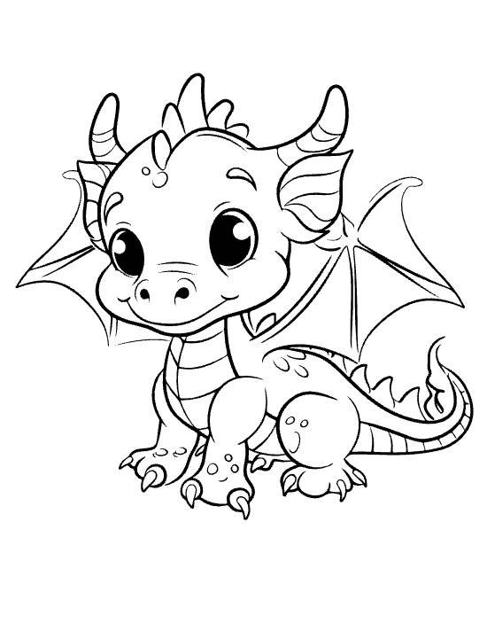 Crouching baby dragon with spread wings and a flame-tipped tail ready to play on a coloring page