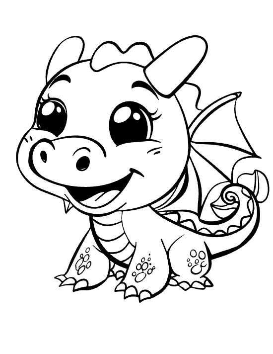 Plump baby dragon with paw spots on feet and a curled leaf tail drawn bold and easy