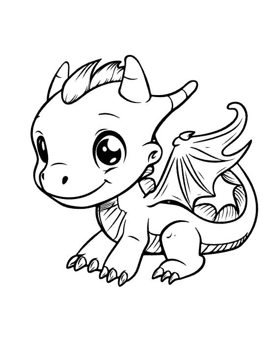 Standing baby dragon with leaf tipped tail and a small folded wing smiling on a coloring sheet