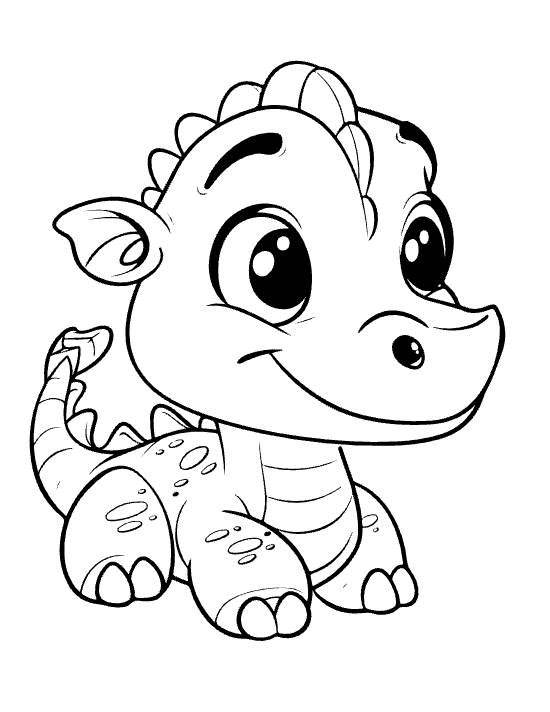 Lying baby dragon with side profile and short horns smiling softly on a coloring page