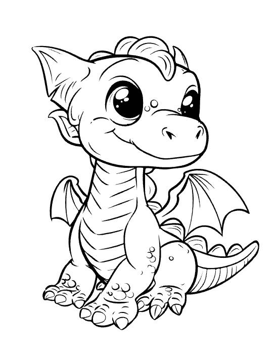 Tall sitting baby dragon with striped neck and folded wings looking right on a coloring sheet