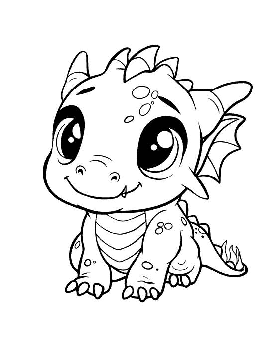 Sitting baby dragon with tiny fang and small flame tail beside a spotted belly on a coloring page