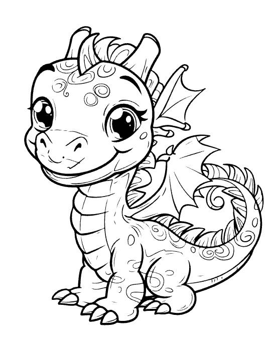 Sitting baby dragon with a swirly curled tail and spotted body grinning on a coloring page