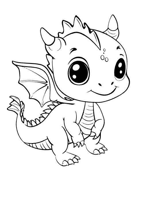 Standing baby dragon with arrow tipped tail and small wing smiling drawn bold and easy