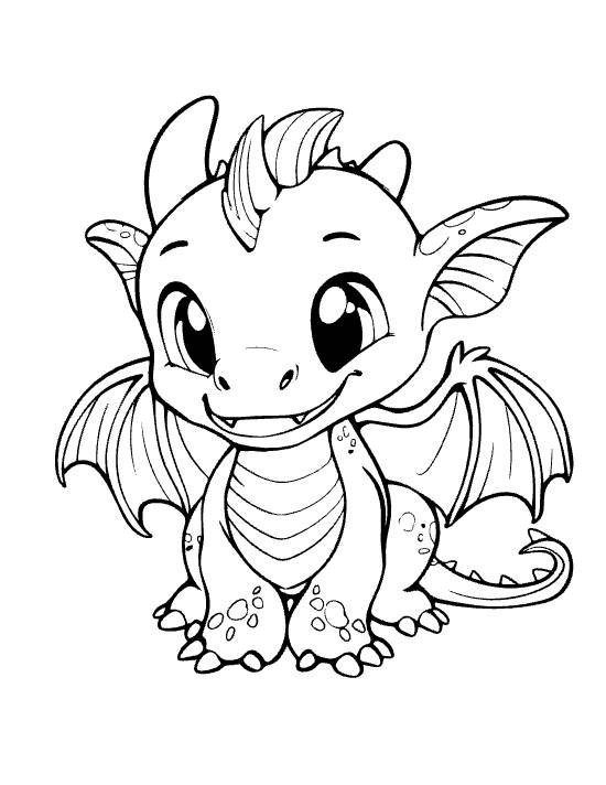 Front facing baby dragon with both wings open and tiny fangs smiling on a coloring page