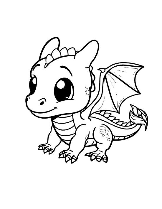 Walking baby dragon with leaf curled tail and folded wing peering up drawn bold and easy