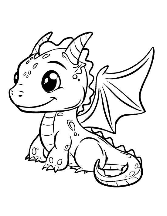 Sitting baby dragon with curled tail and striped chest smiling brightly on a coloring sheet