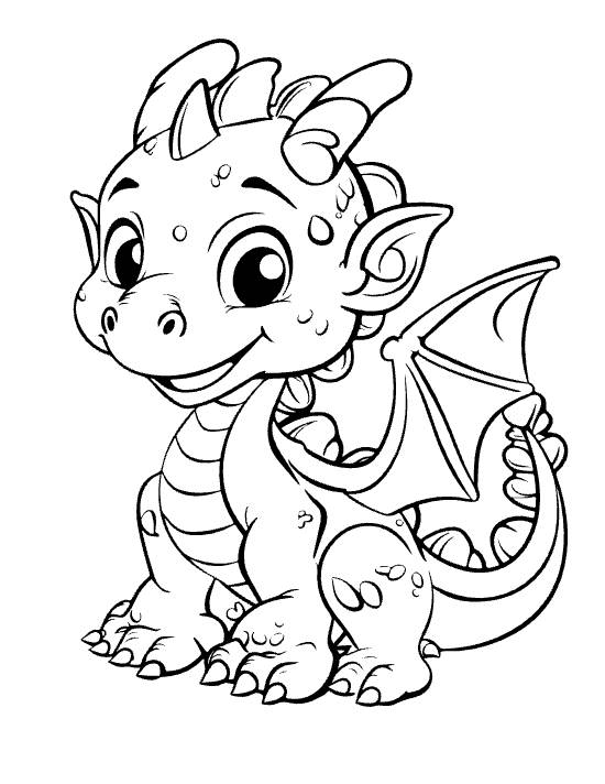 Sitting baby dragon with full open wings and a striped tummy peeking forward on a coloring page
