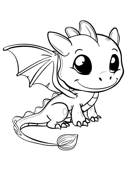 Sitting toothless style baby dragon with leaf tipped tail and folded wing on a coloring sheet
