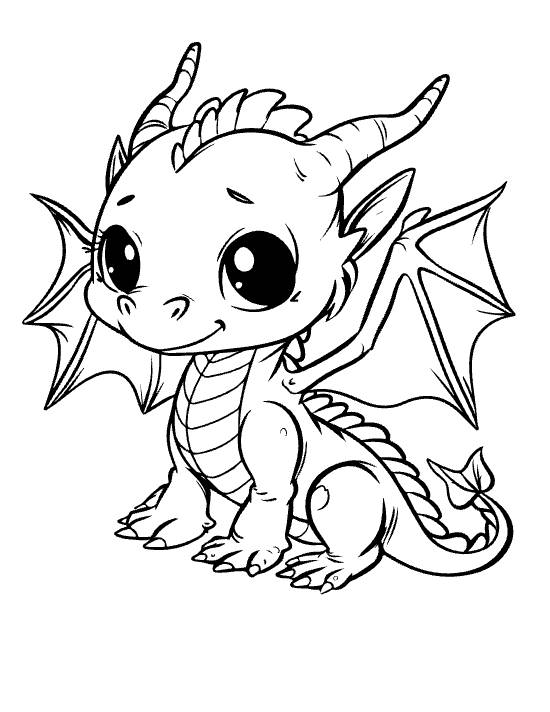 Seated baby dragon with twin horns and leaf tipped tail beside folded wing on a coloring page