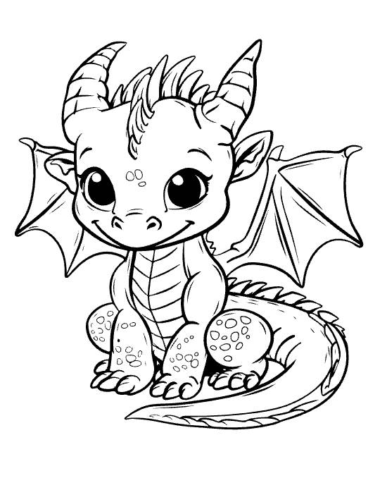 Sitting baby dragon with large curled horns and spread wings with tail curled around on a coloring page