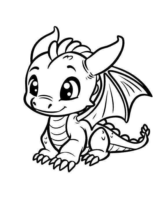 Sitting baby dragon with one big curled horn and folded wing smiling drawn bold and easy