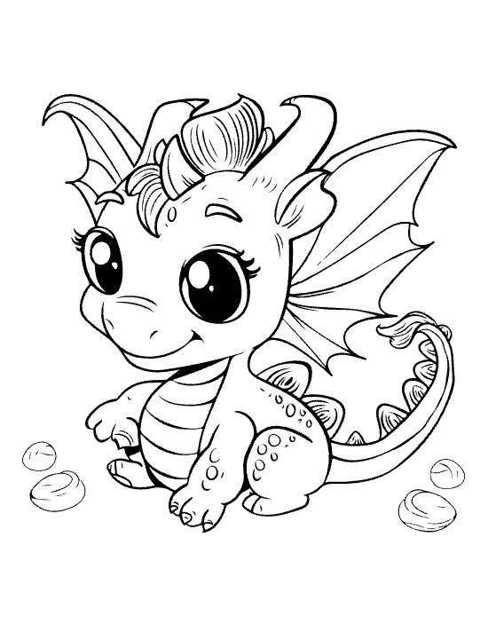 Sitting baby dragon with a striped tail and small eggs scattered around on a coloring page
