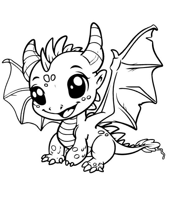 Tiny hatchling dragon with spread wings and feathered tail tip drawn bold and easy