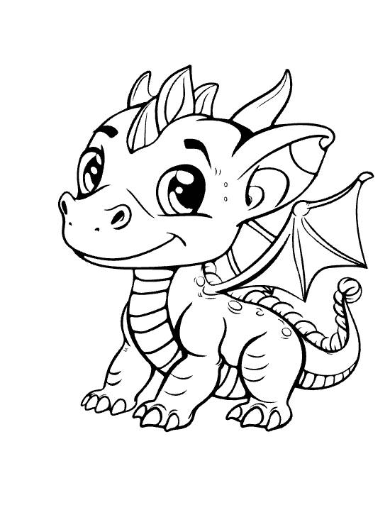 Standing baby dragon with one curly tail tip and partly folded wing on a coloring sheet