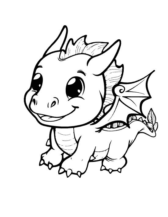Walking baby dragon with leaf-shaped tail tip and stubby wings looking up on a coloring page