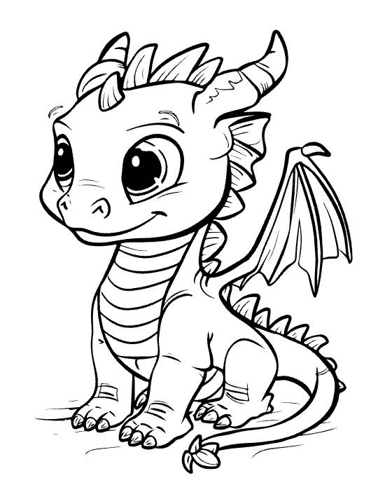 Sitting baby dragon with striped tummy and leaf-tipped tail beside small claws on a coloring page