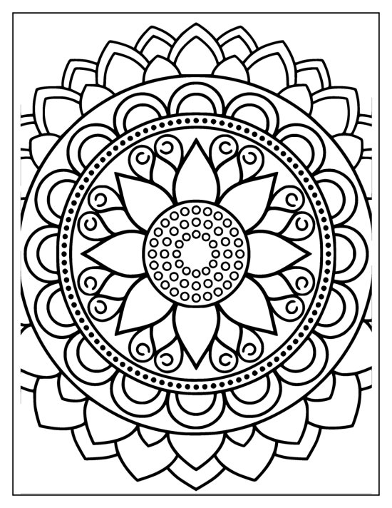 Sunflower with curling leaf motifs between the petals and a dotted center, mandala