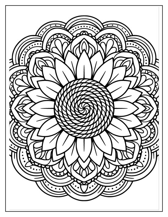 Sunflower with a swirling seed center and two rings of petals, coloring page