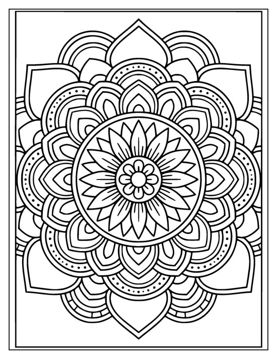 Sunflower centered in a circle with radiating petals and a small flower heart, coloring sheet
