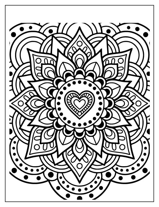 Sunflower with paisley and pointed petals alternating around a patterned heart, mandala