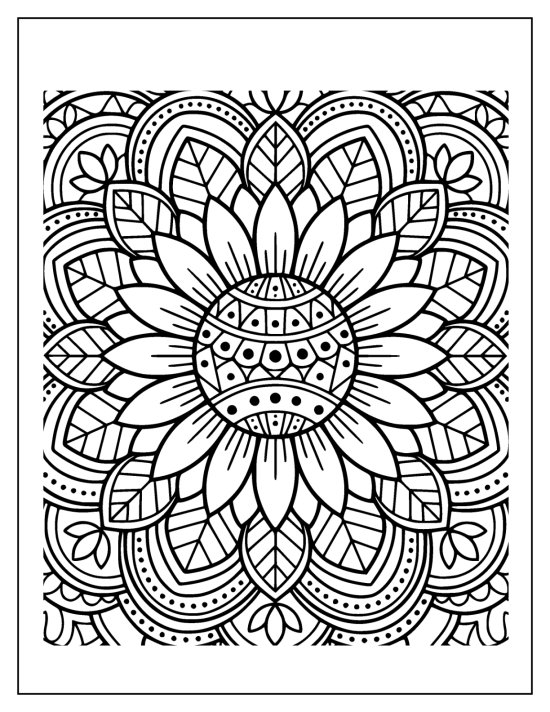 Sunflower with a full head of petals and a seed center ringed by leaves, coloring page
