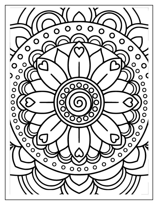 Sunflower with heart tipped petals and a spiral seed center, coloring sheet