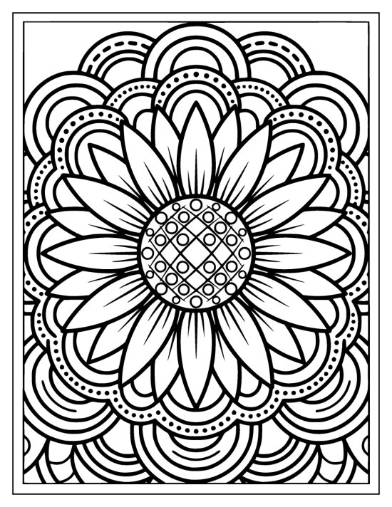 Sunflower with a rounded seeded center and a sunburst of long petals, mandala