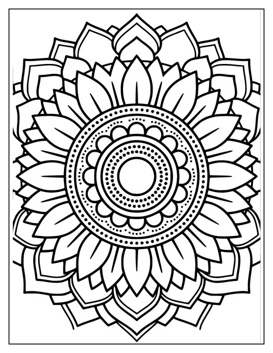 Sunflower with delicate thin petals in many rings and a dotted center, coloring page