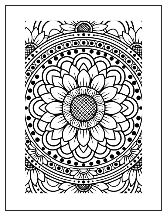 Sunflower with a bold face of overlapping petals and a textured center, coloring sheet