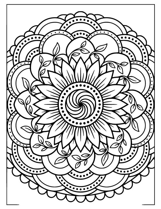 Sunflower with vines and leaves woven between petals and a swirled center, mandala