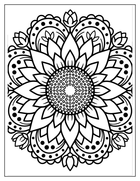 Sunflower with a dotted seed center and pointed petals ringed by scallops, coloring sheet
