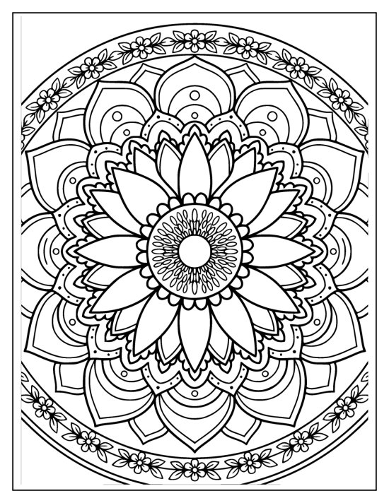 Sunflower with a flowering center and pointed geometric petals, coloring page