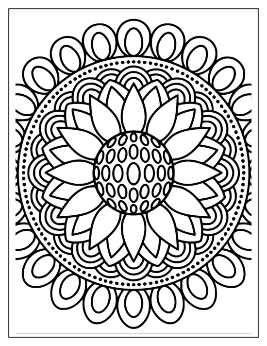 Sunflower with an oval seed center and radiating petals ringed by teardrops, coloring sheet